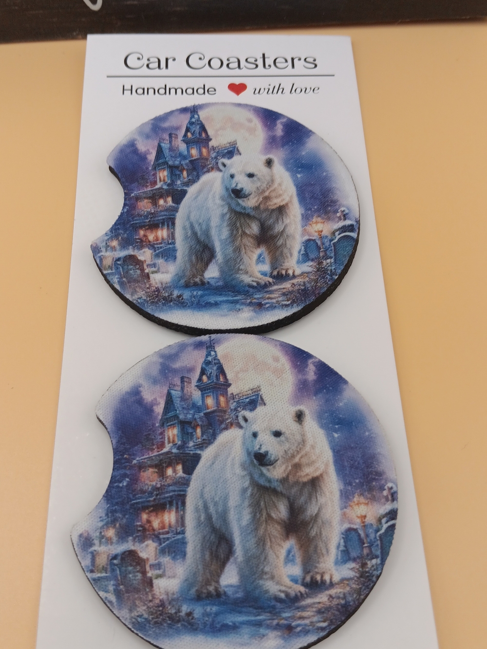 Polar Bear Car Coaster Set - Blue & White Scenic Design